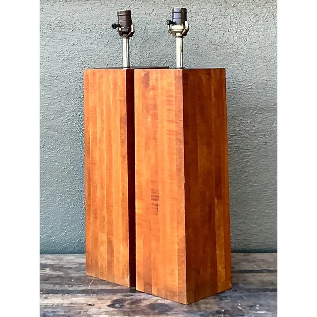 Vintage Boho Wood Block Lamps - A Pair — additional photo 4