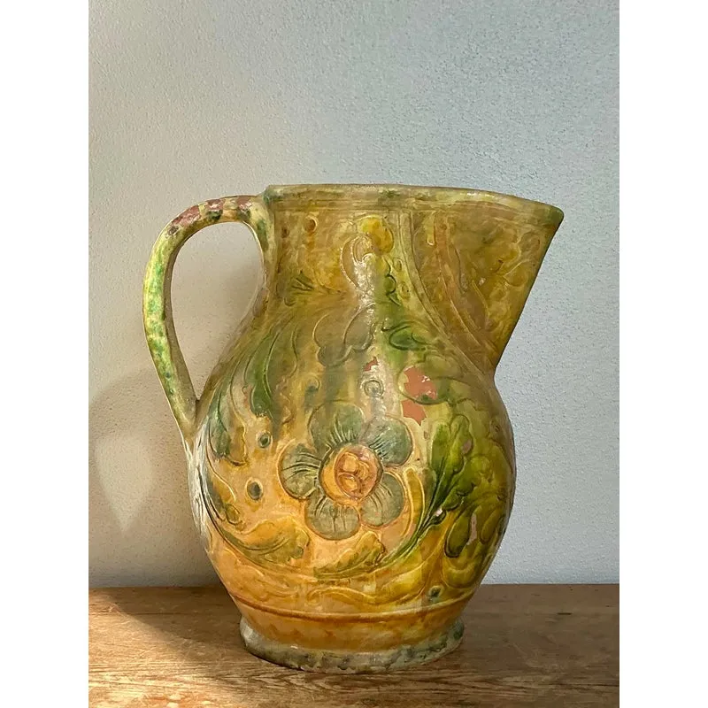 Vintage Boho Glazed Ceramic Floral Pitcher — additional photo 5