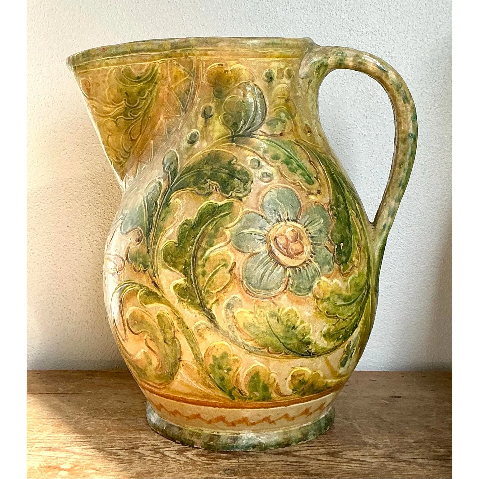 Vintage Boho Glazed Ceramic Floral Pitcher — additional photo 2