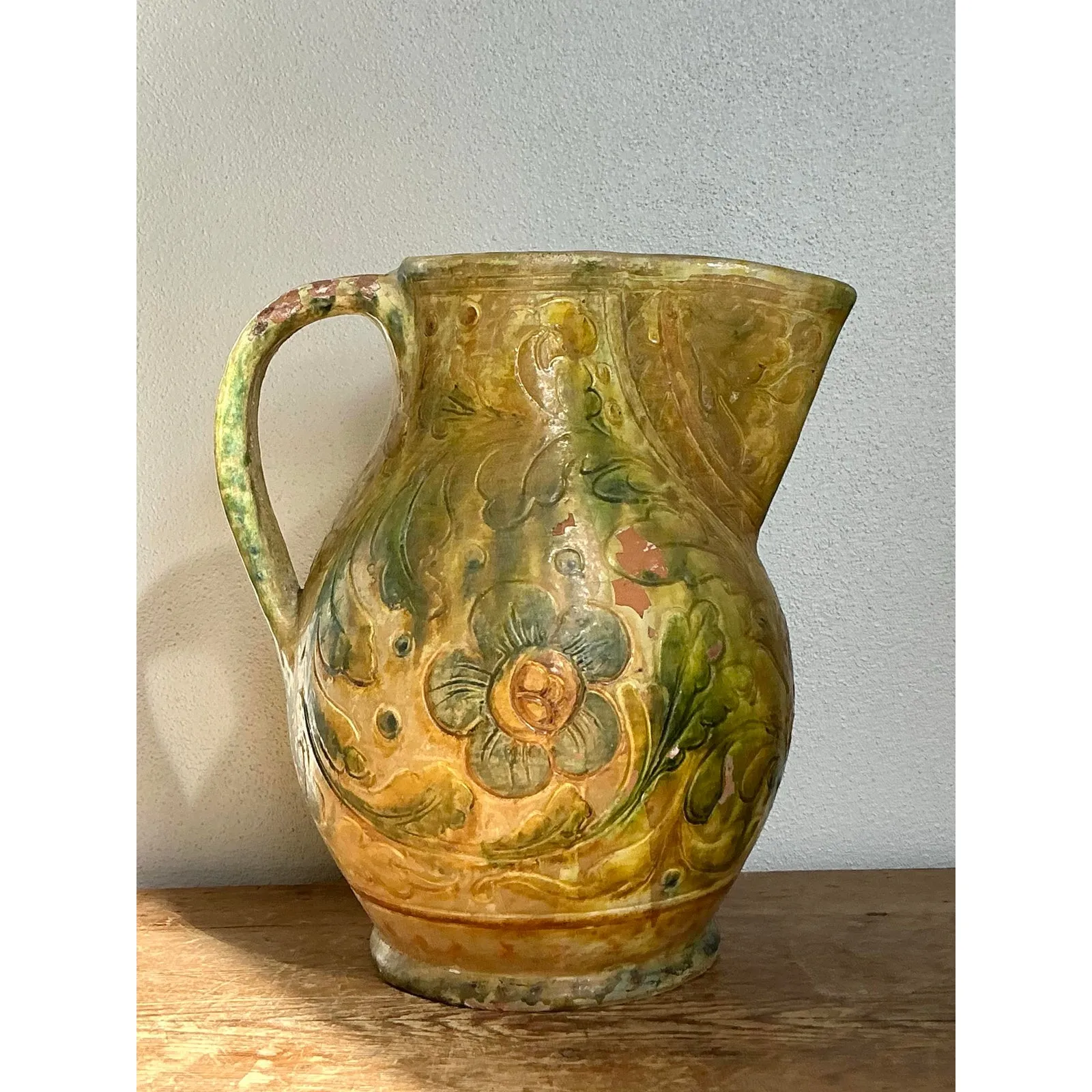 Vintage Boho Glazed Ceramic Floral Pitcher — additional photo 7