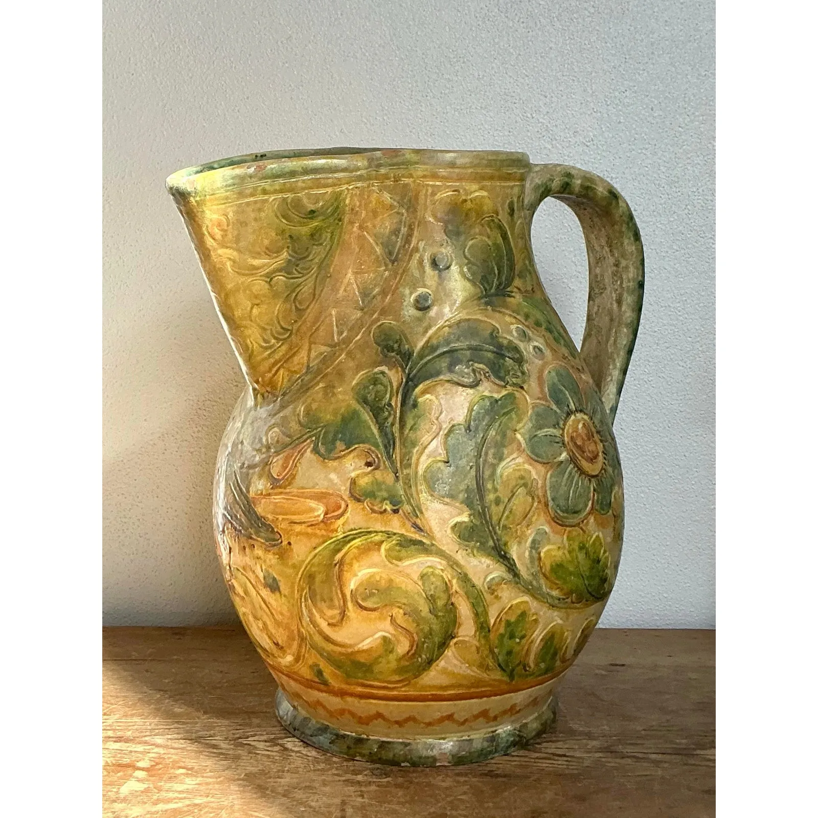 Vintage Boho Glazed Ceramic Floral Pitcher — additional photo 4