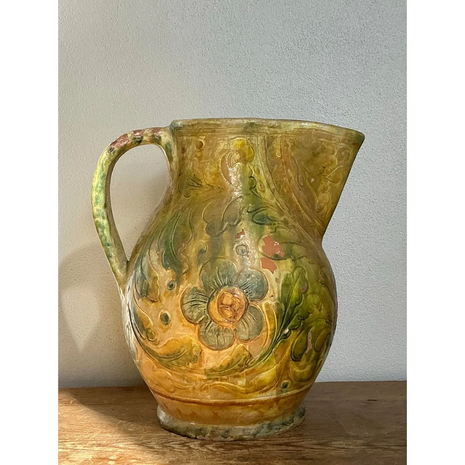 Vintage Boho Glazed Ceramic Floral Pitcher — additional photo 8