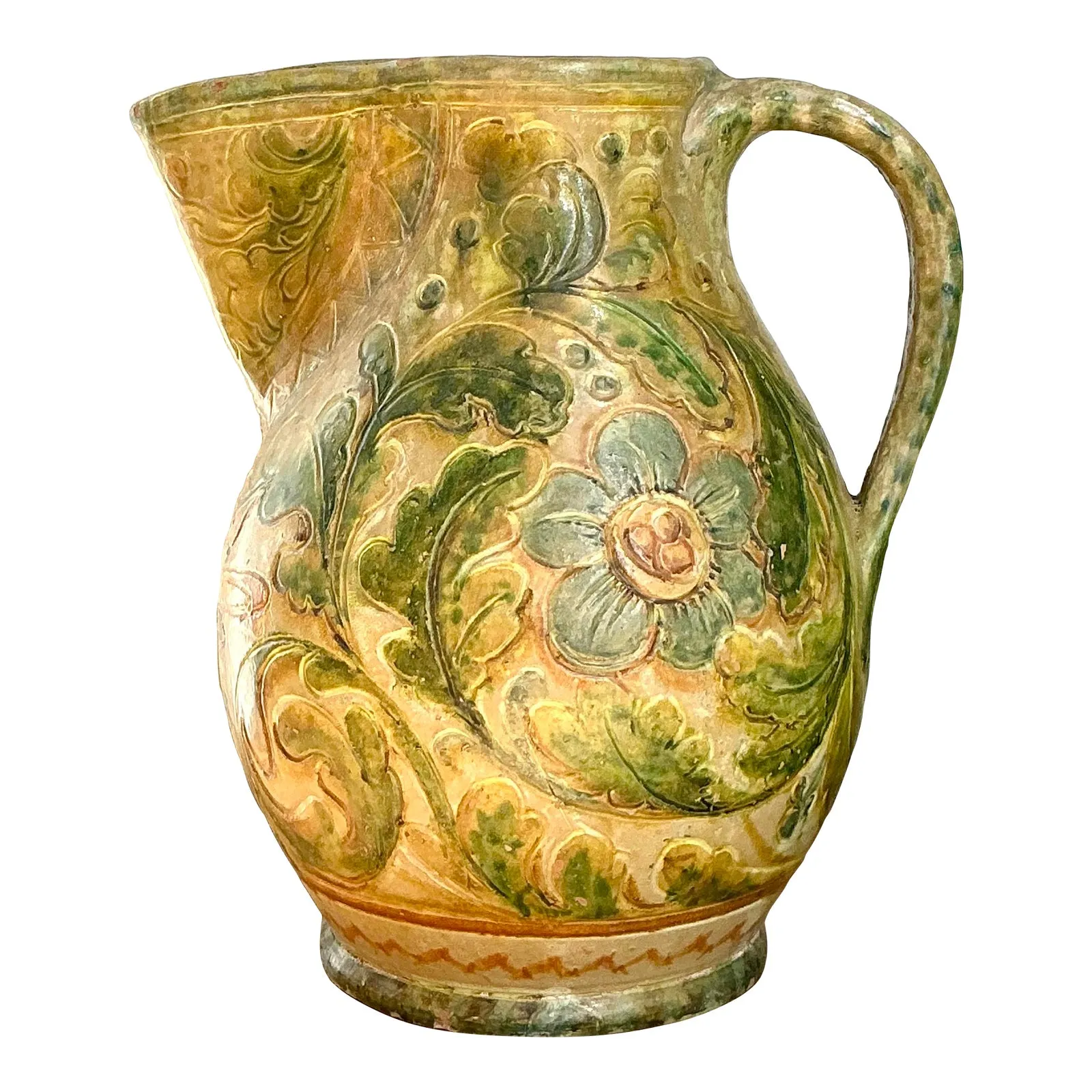 Vintage Boho Glazed Ceramic Floral Pitcher — additional photo 1