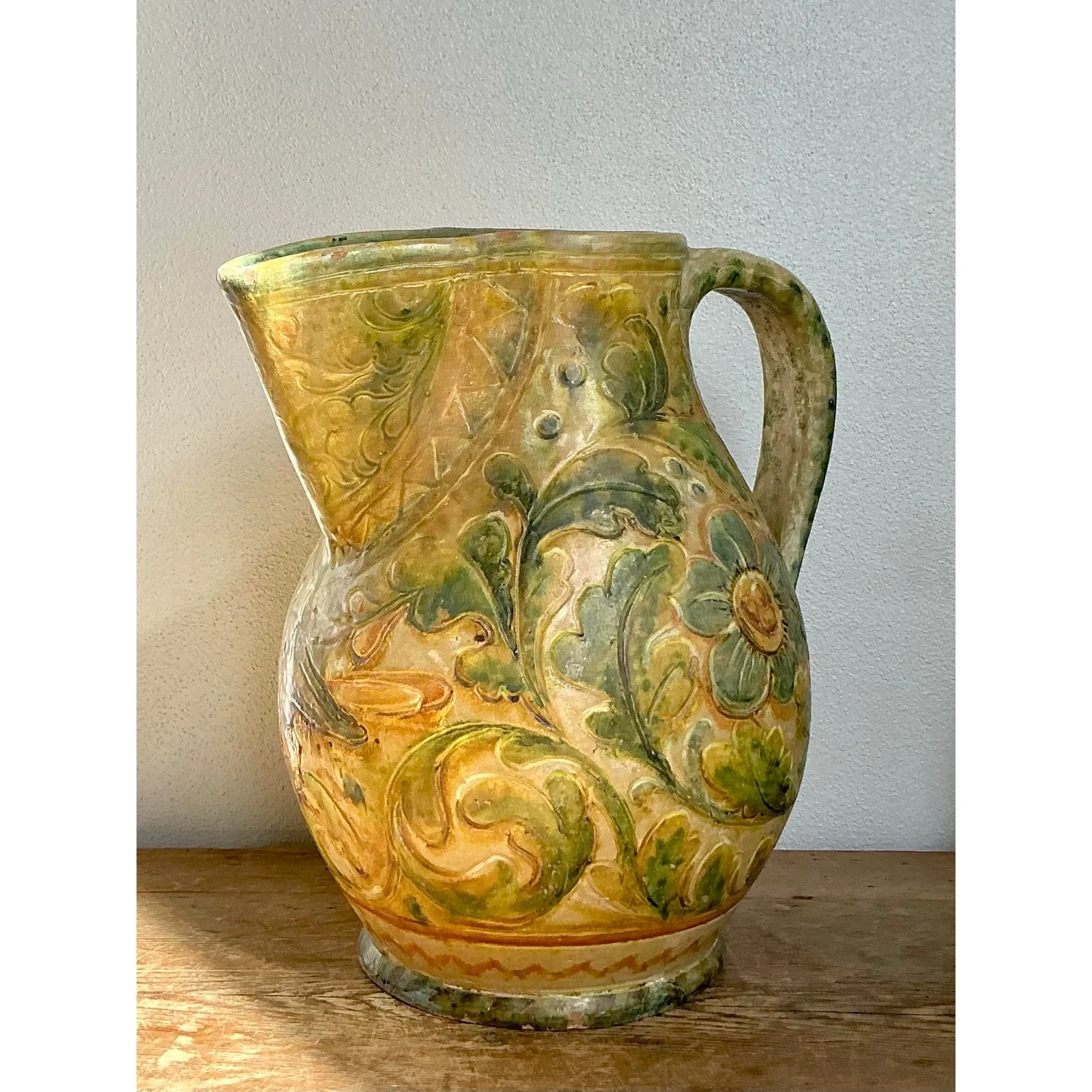 Vintage Boho Glazed Ceramic Floral Pitcher — additional photo 3