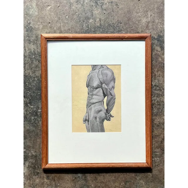 Vintage Boho Pencil Sketch Print of Male Nude — additional photo 1