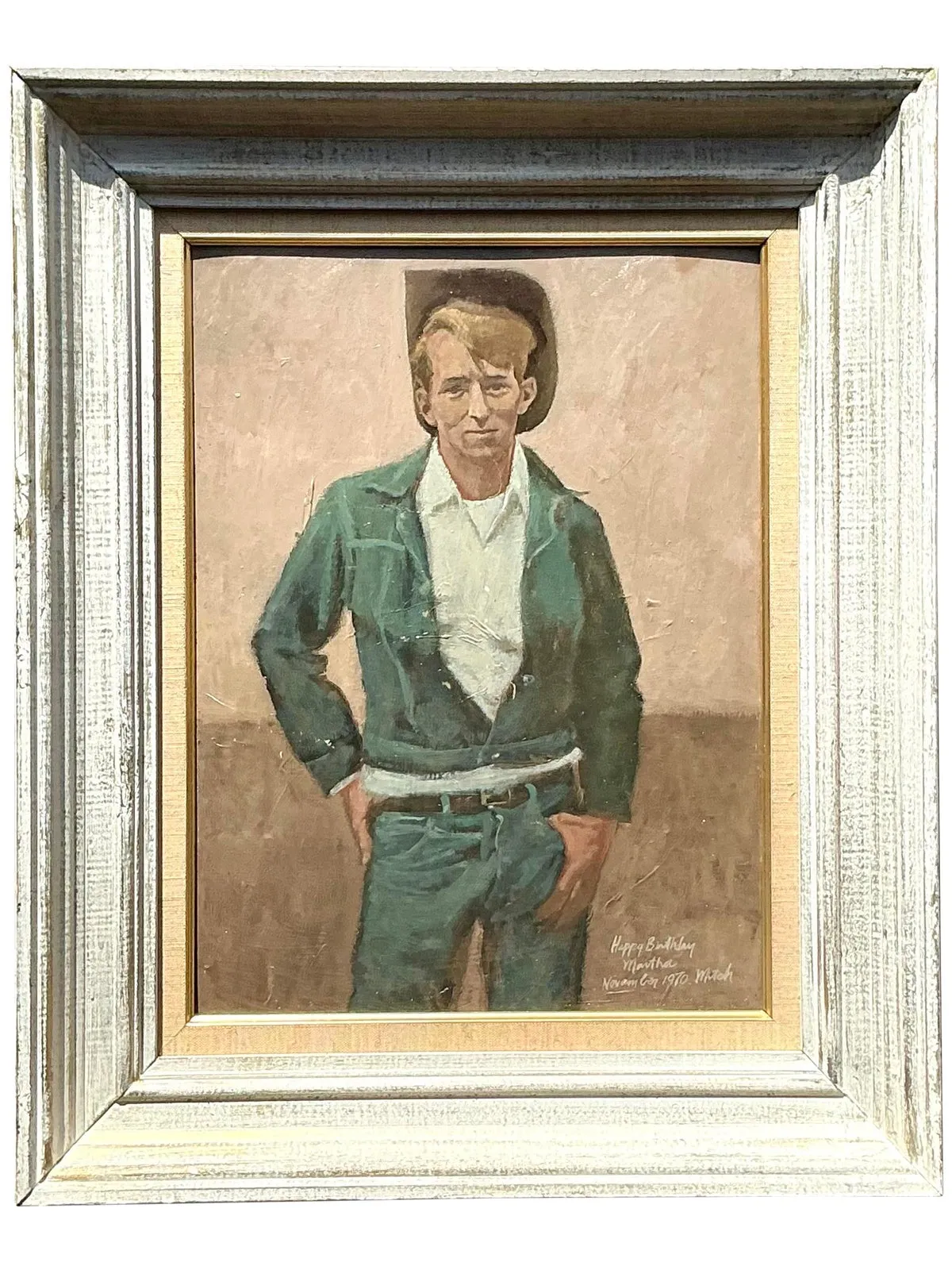Vintage Boho Original Oil Portrait of Cowboy