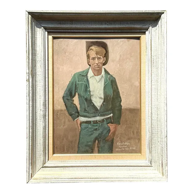 Vintage Boho Original Oil Portrait of Cowboy — additional photo 1