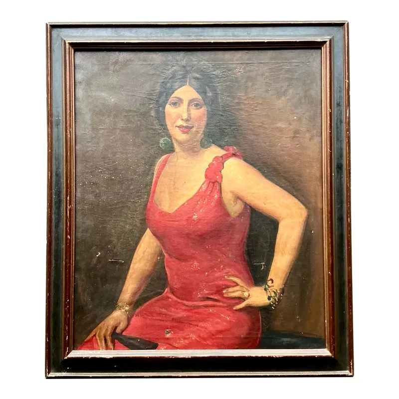 Vintage Boho Original Art Deco Oil Portrait of Woman — additional photo 1