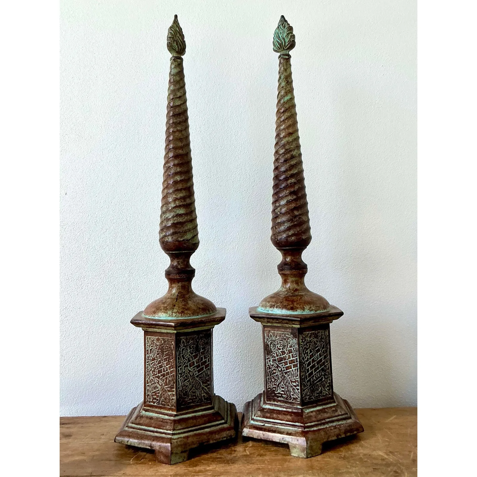 Vintage Boho Patinated Metal Obelisks - A Pair — additional photo 2