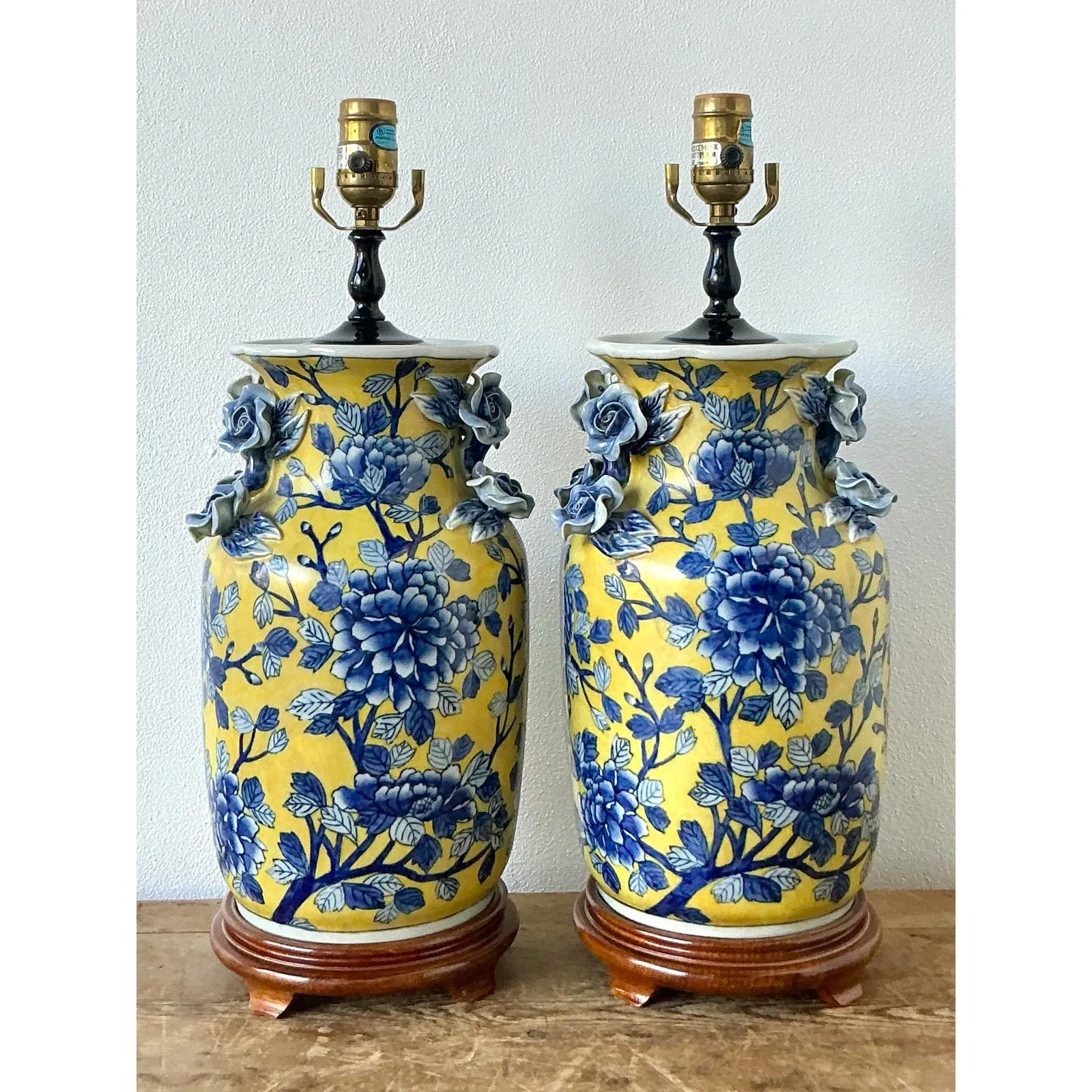 Vintage Boho Blue Rose Glazed Ceramic Vase Lamps - A Pair — additional photo 1