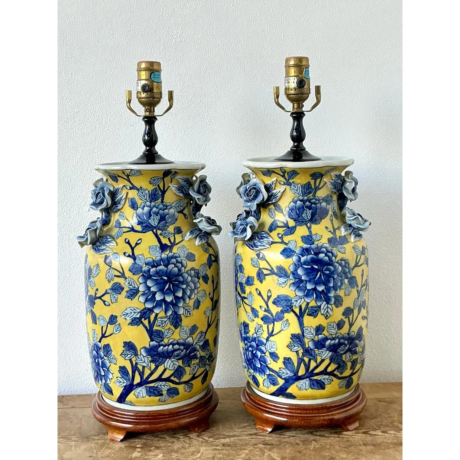 Vintage Boho Blue Rose Glazed Ceramic Vase Lamps - A Pair — additional photo 2