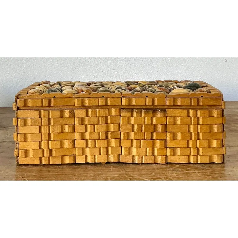Vintage Boho Shell Encrusted Wood Box - Angle view