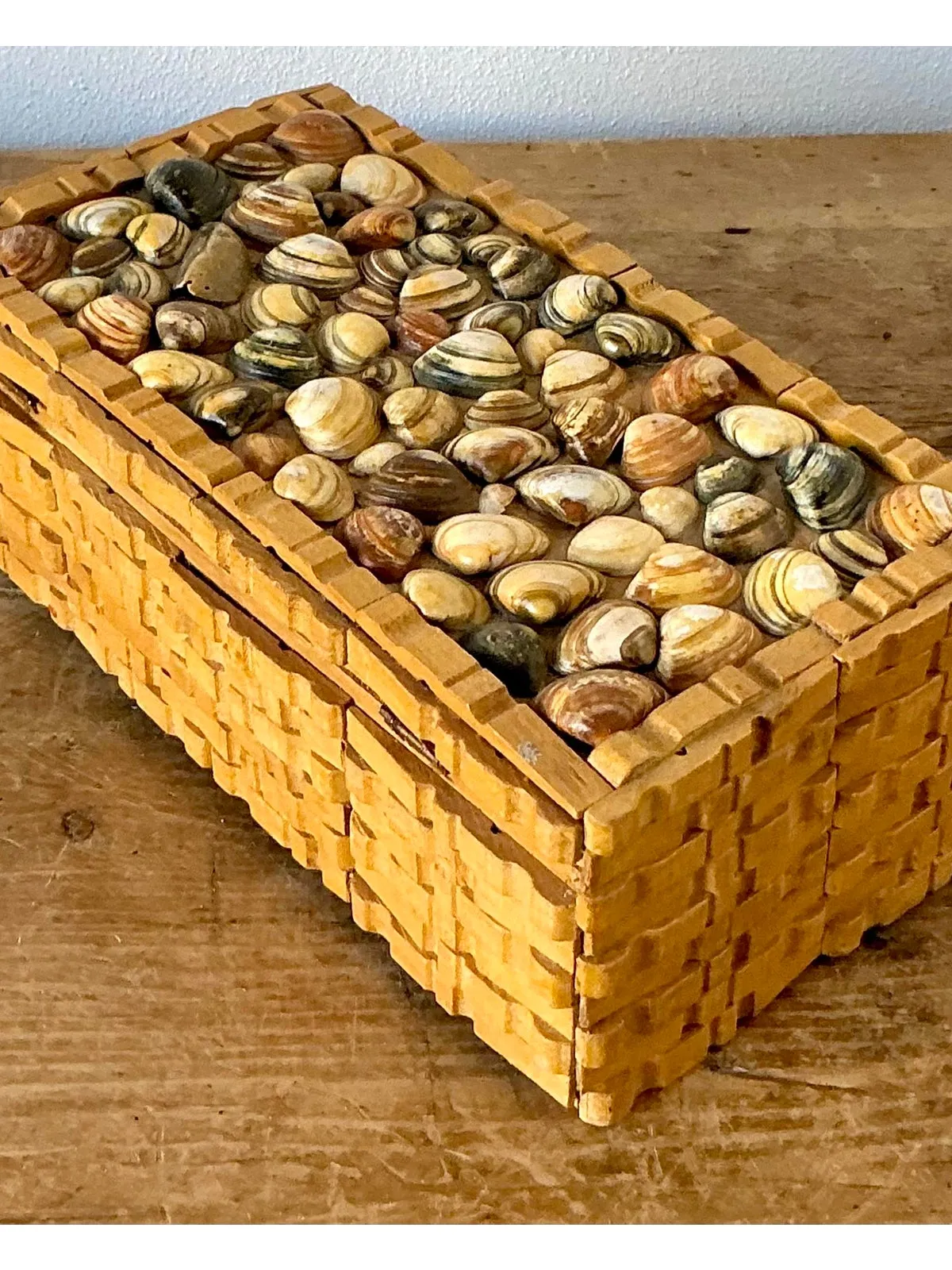 Vintage Boho Shell Encrusted Wood Box - Top view