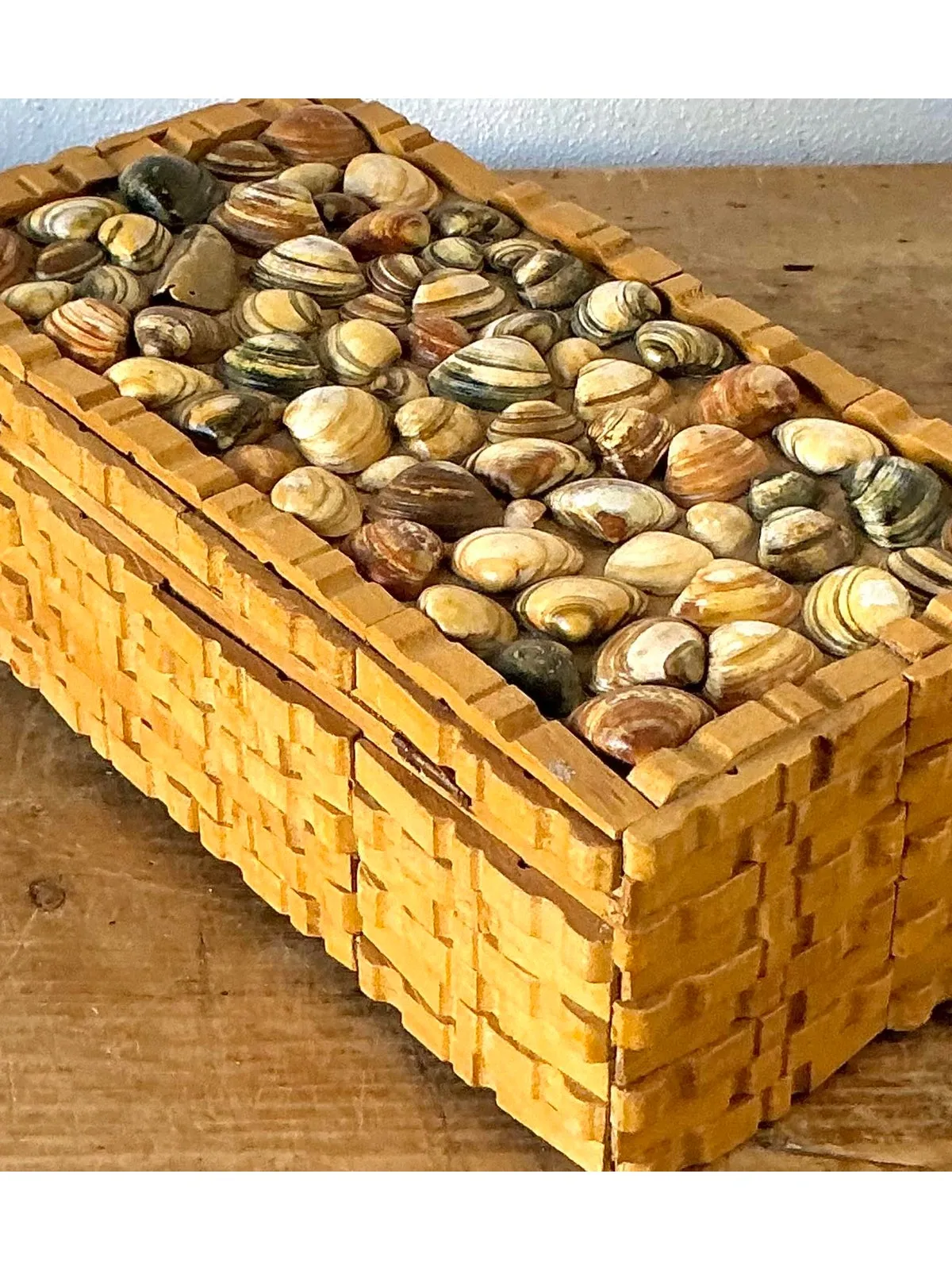 Vintage Boho Shell Encrusted Wood Box - Back view
