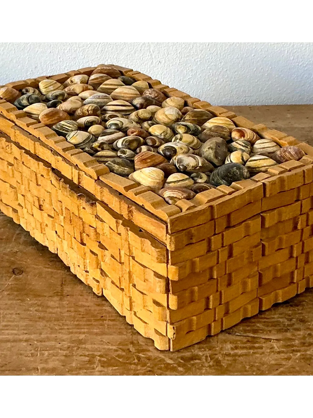 Vintage Boho Shell Encrusted Wood Box - Side view