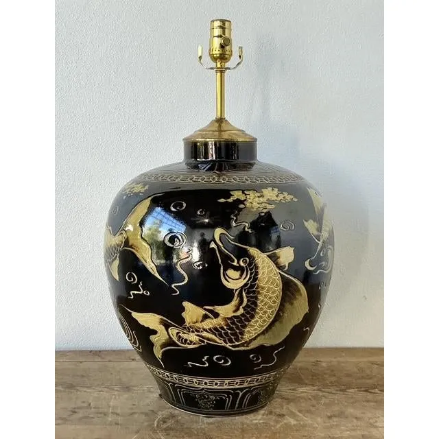 Vintage Boho Glazed Ceramic Koi Lamp — additional photo 1