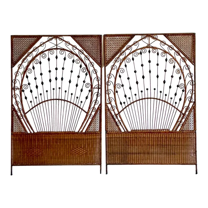 Vintage Boho Woven Rattan Twin Headboards - A Pair