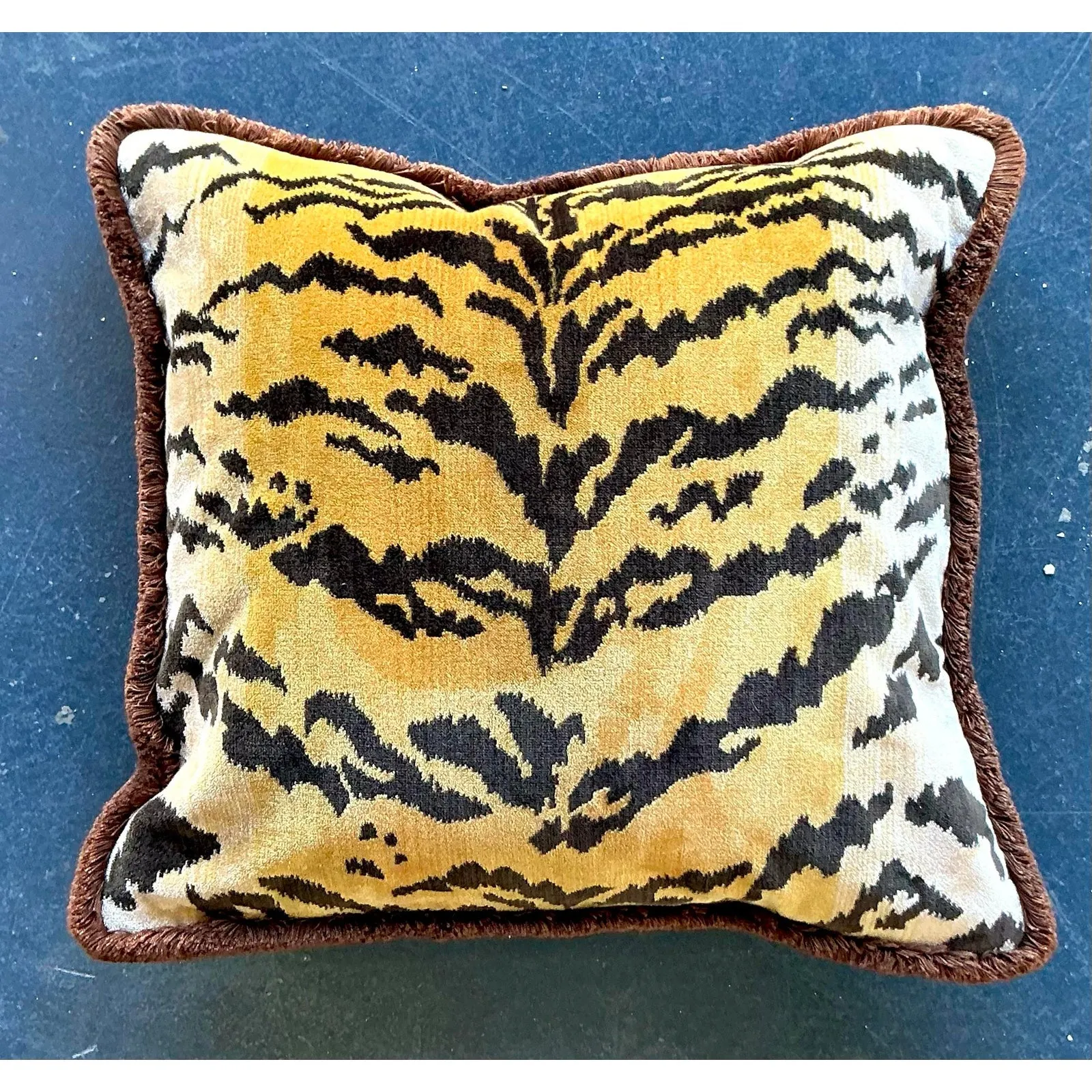 Vintage Regency Scalamandre “Le Tigre” Velvet Throw Pillow With Caterpillar Fringe — additional photo 1