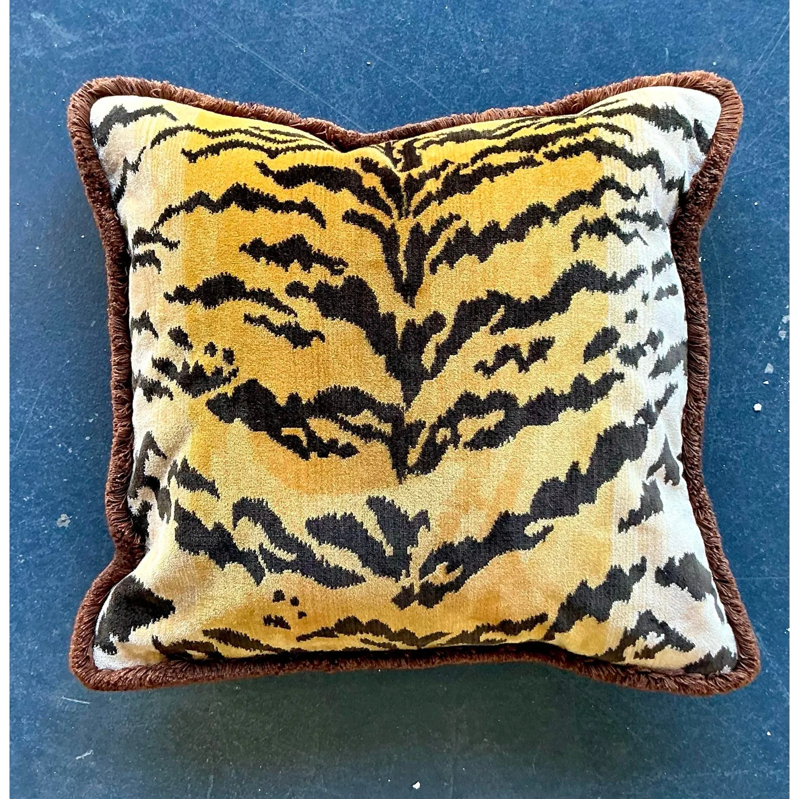 Vintage Regency Scalamandre “Le Tigre” Velvet Throw Pillow With Caterpillar Fringe — additional photo 5