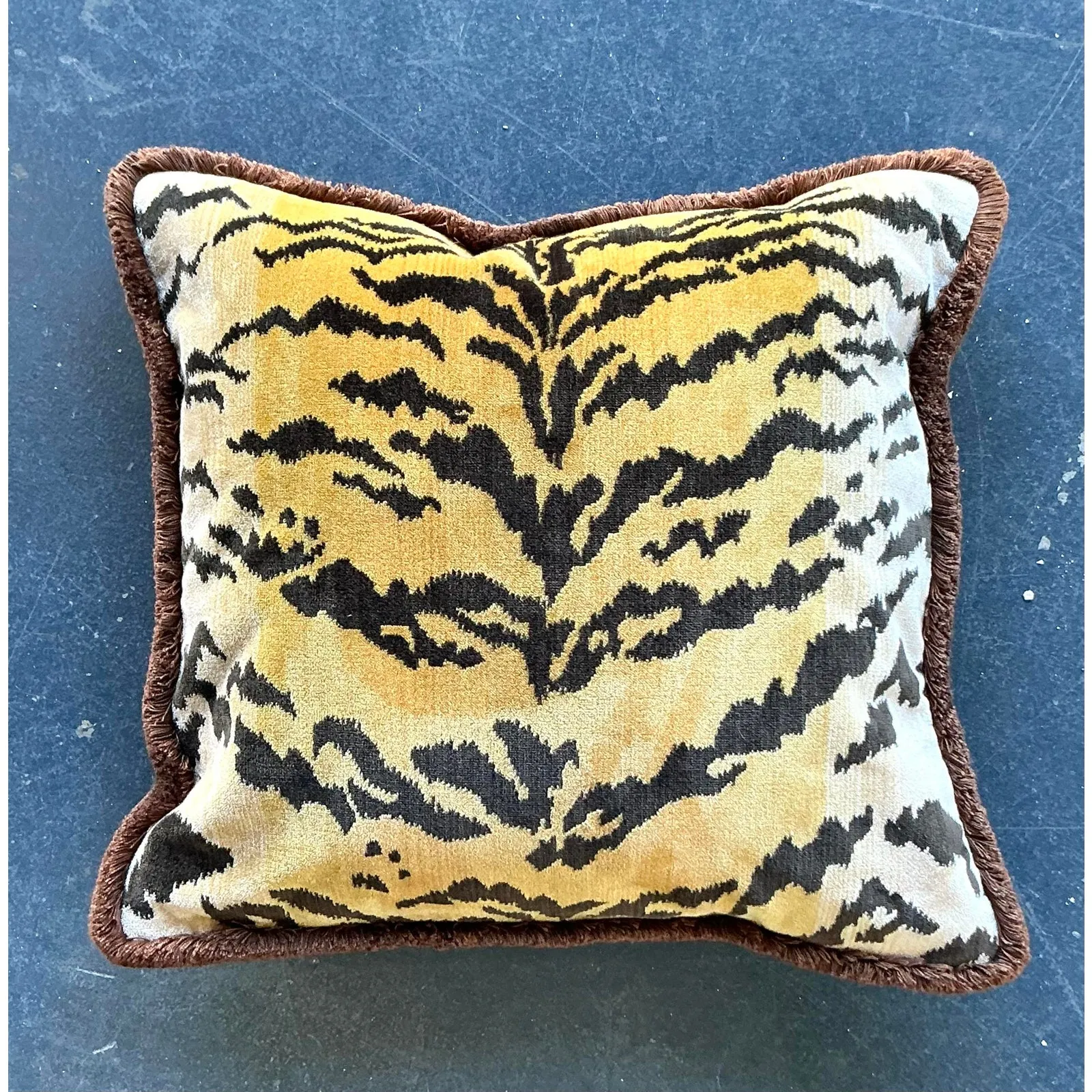 Vintage Regency Scalamandre “Le Tigre” Velvet Throw Pillow With Caterpillar Fringe — additional photo 4