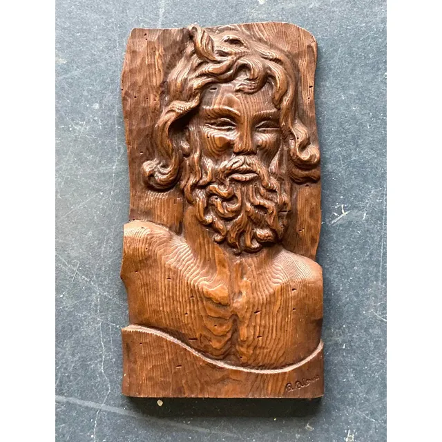 Vintage Boho Carved Wood Panel of Man — additional photo 1
