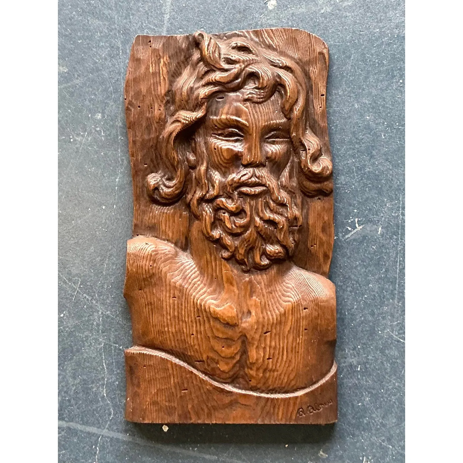 Vintage Boho Carved Wood Panel of Man — additional photo 4