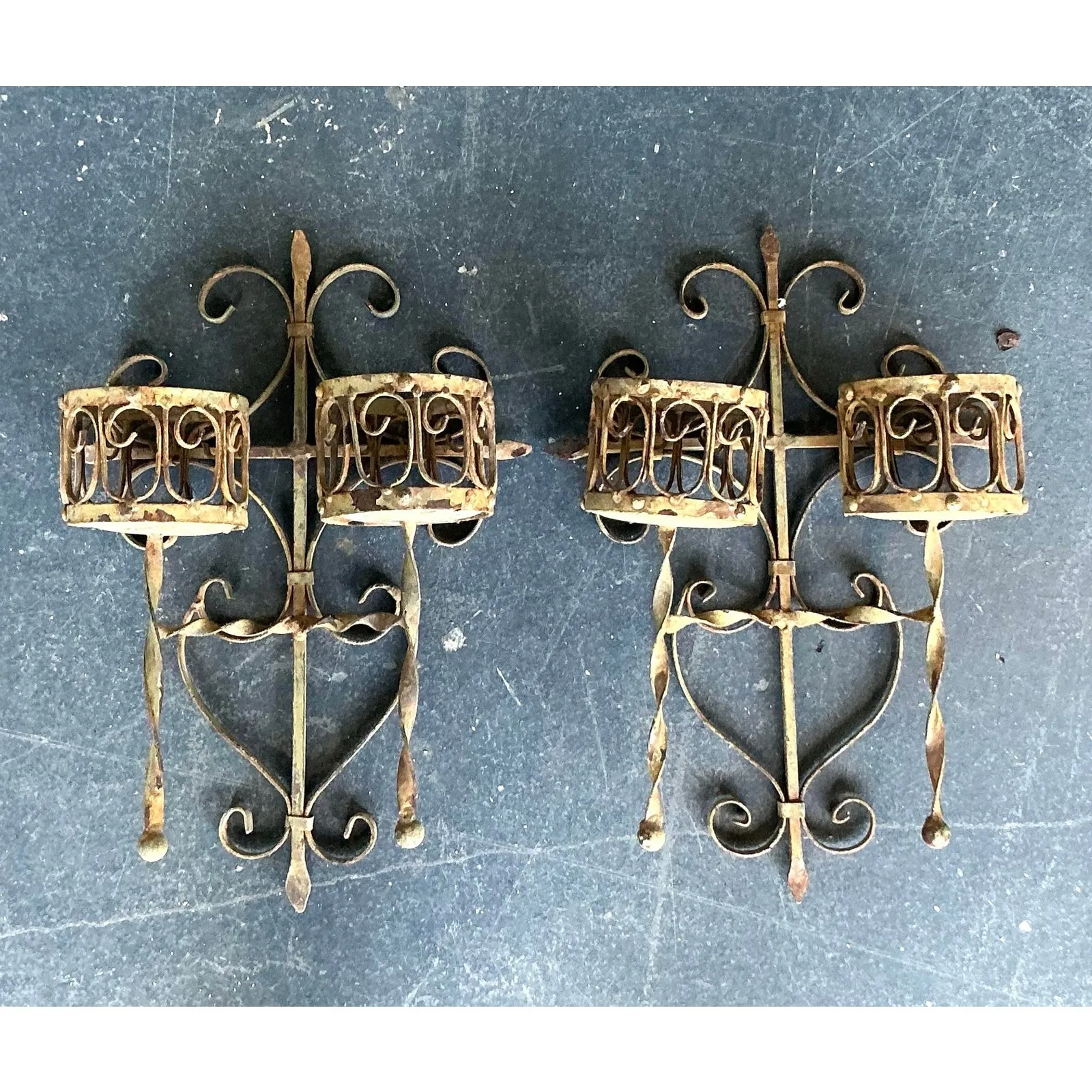 Vintage Boho Distressed Wrought Iron Candle Sconces- A Pair — additional photo 2