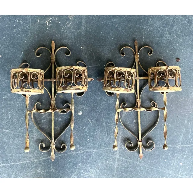 Vintage Boho Distressed Wrought Iron Candle Sconces- A Pair — additional photo 2