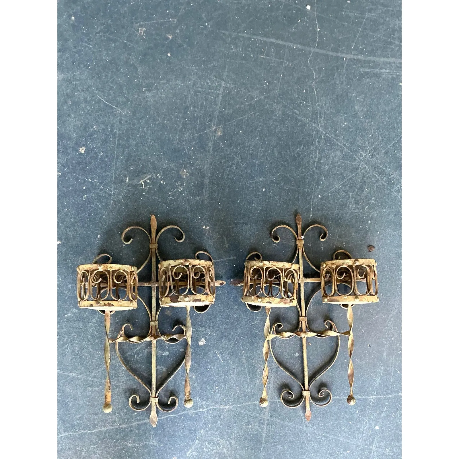 Vintage Boho Distressed Wrought Iron Candle Sconces- A Pair — additional photo 5