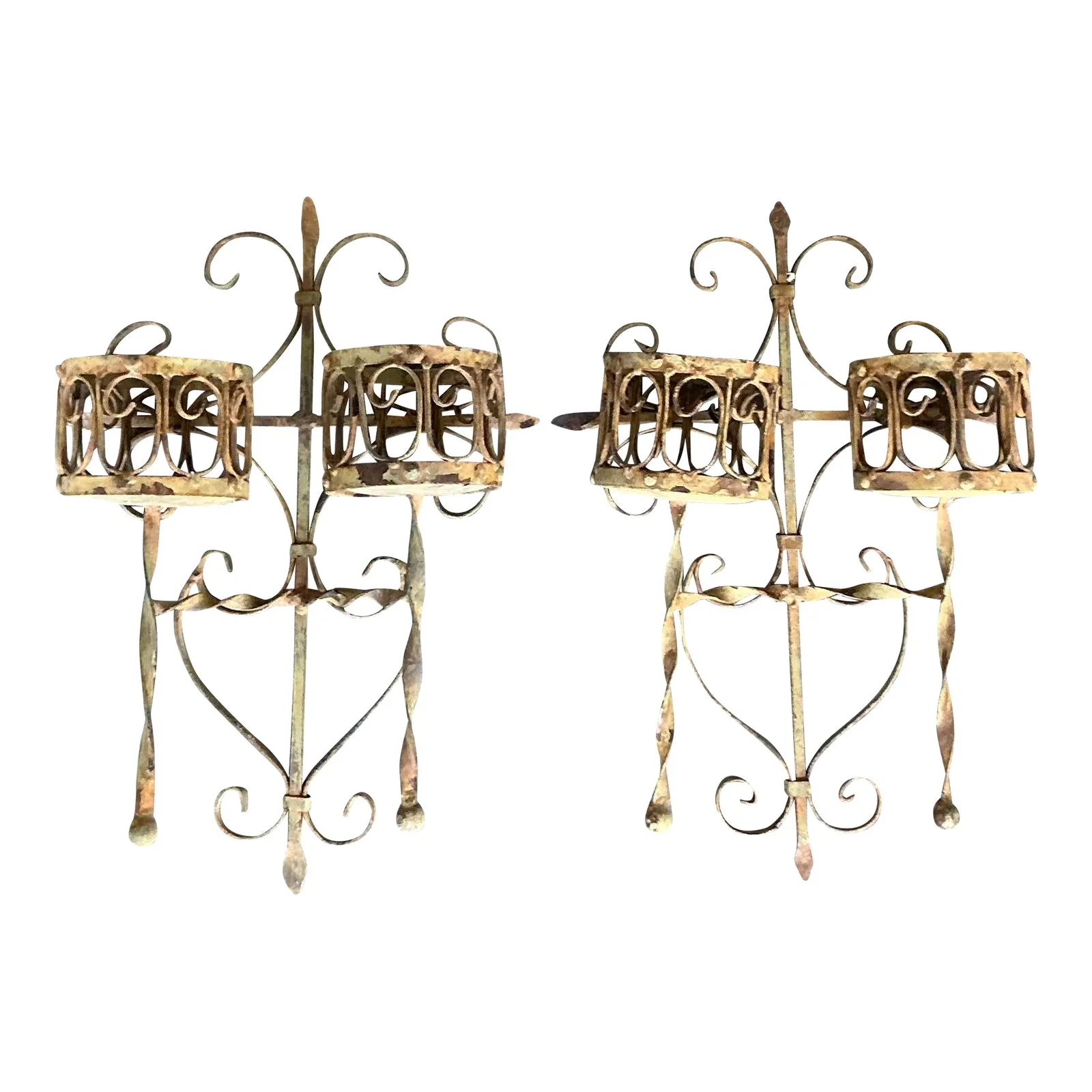 Vintage Boho Distressed Wrought Iron Candle Sconces- A Pair — additional photo 1