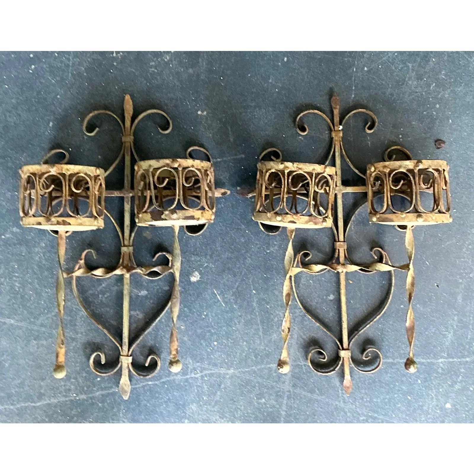 Vintage Boho Distressed Wrought Iron Candle Sconces- A Pair — additional photo 6