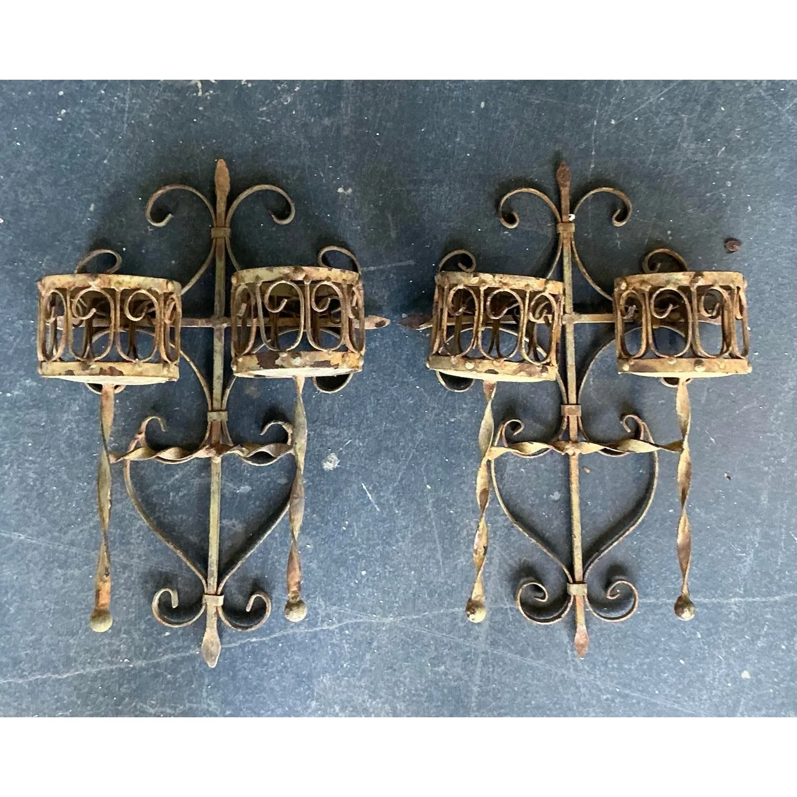 Vintage Boho Distressed Wrought Iron Candle Sconces- A Pair — additional photo 3