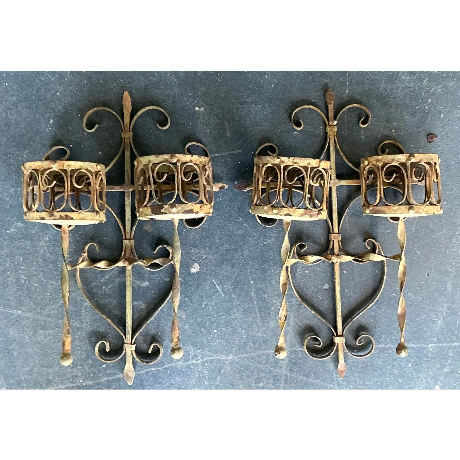 Vintage Boho Distressed Wrought Iron Candle Sconces- A Pair — additional photo 8