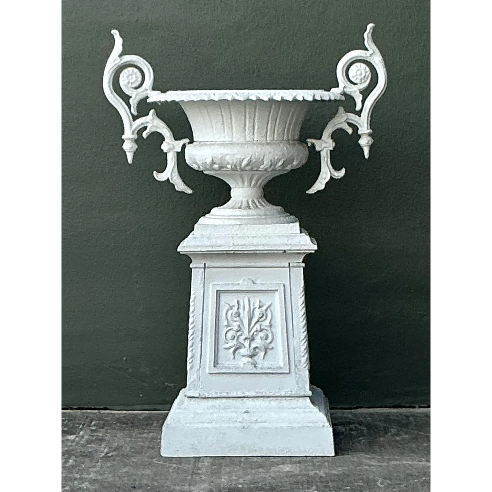 Vintage Regency Painted Wrought Iron Urn on Pedestal — additional photo 1