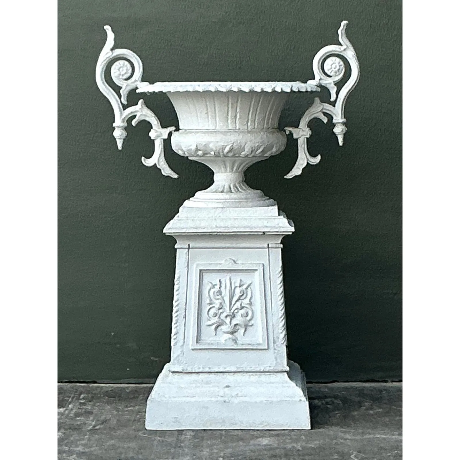 Vintage Regency Painted Wrought Iron Urn on Pedestal — additional photo 3