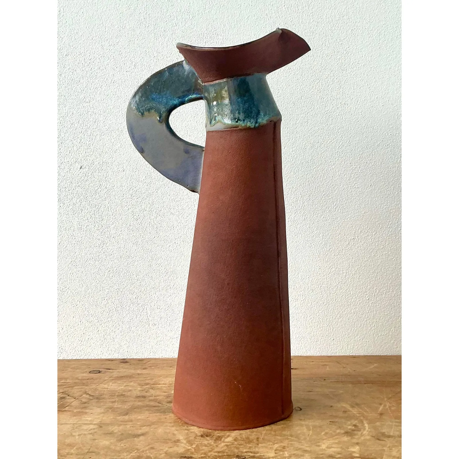 Vintage Boho Original Studio Pottery Pitcher - Ceramic, 7.75W x 16.25H — additional photo 2