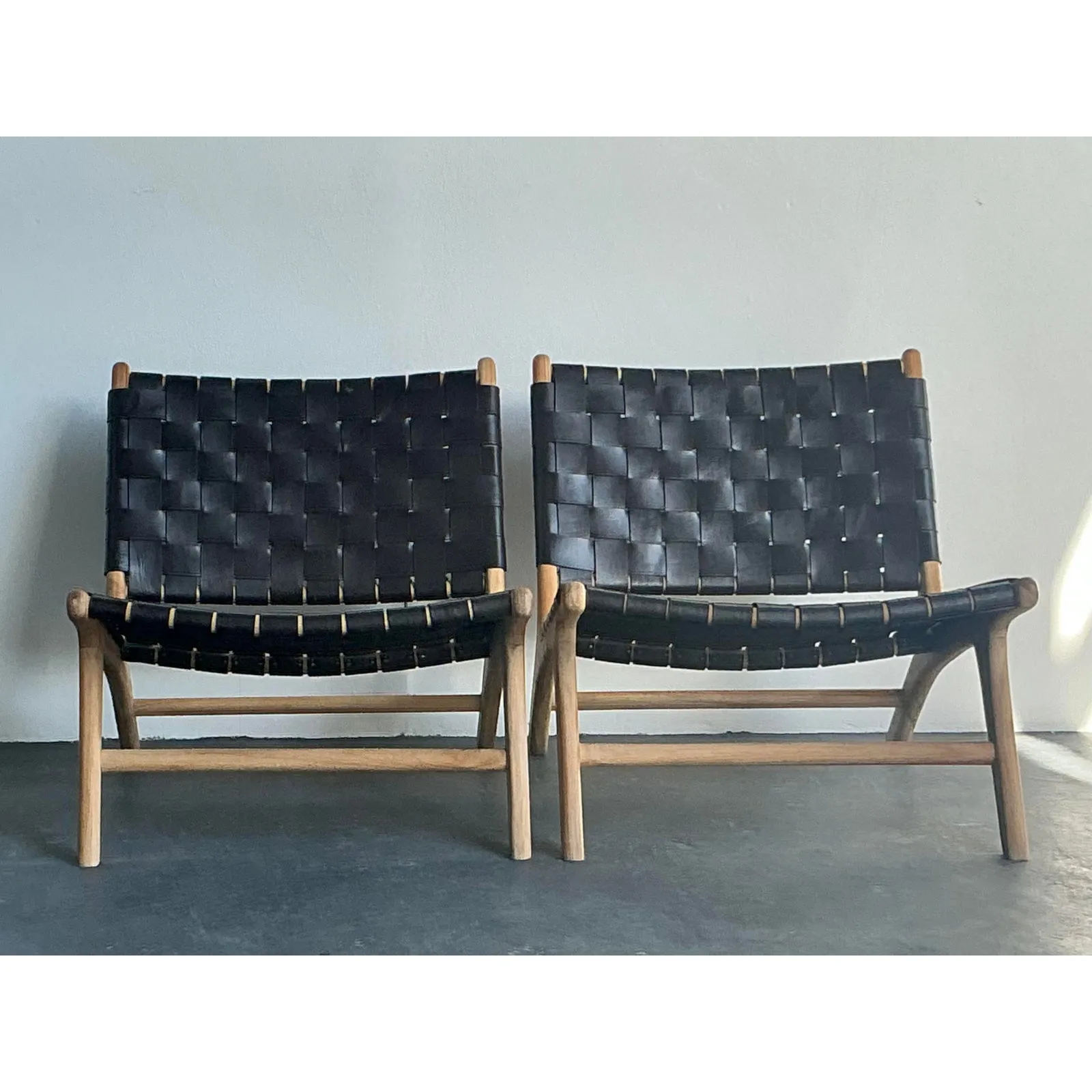 Vintage Boho Woven Leather Lounge Chairs - A Pair — additional photo 4