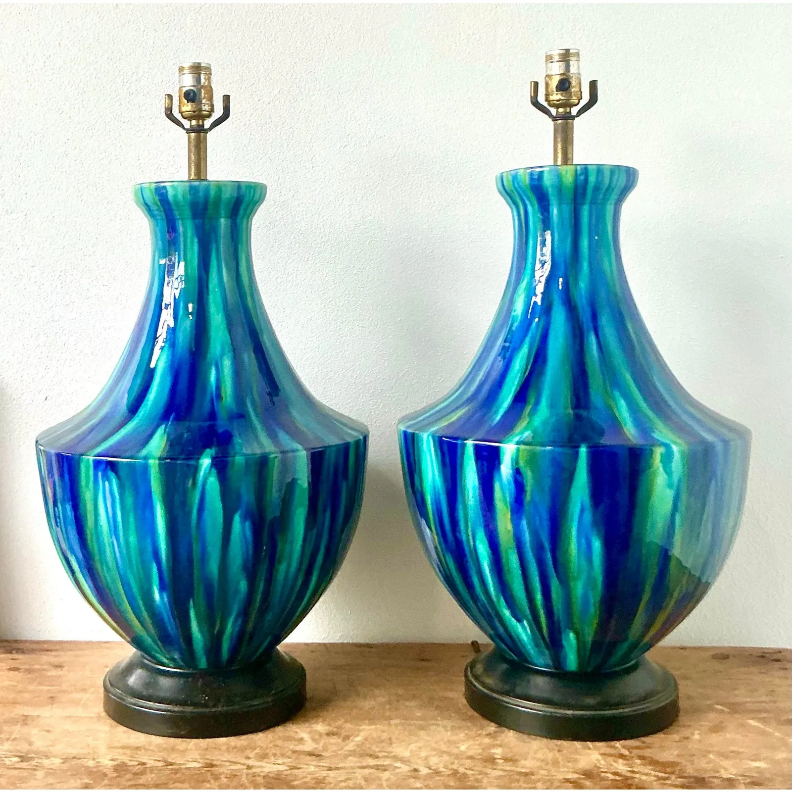 Vintage MCM Drip Glazed Ceramic Lamps - A Pair