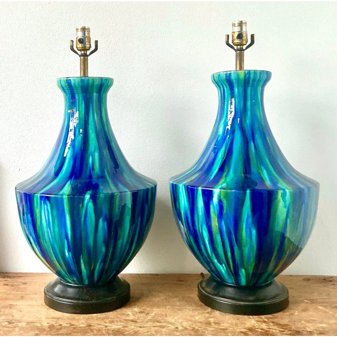 Vintage MCM Drip Glazed Ceramic Lamps - A Pair