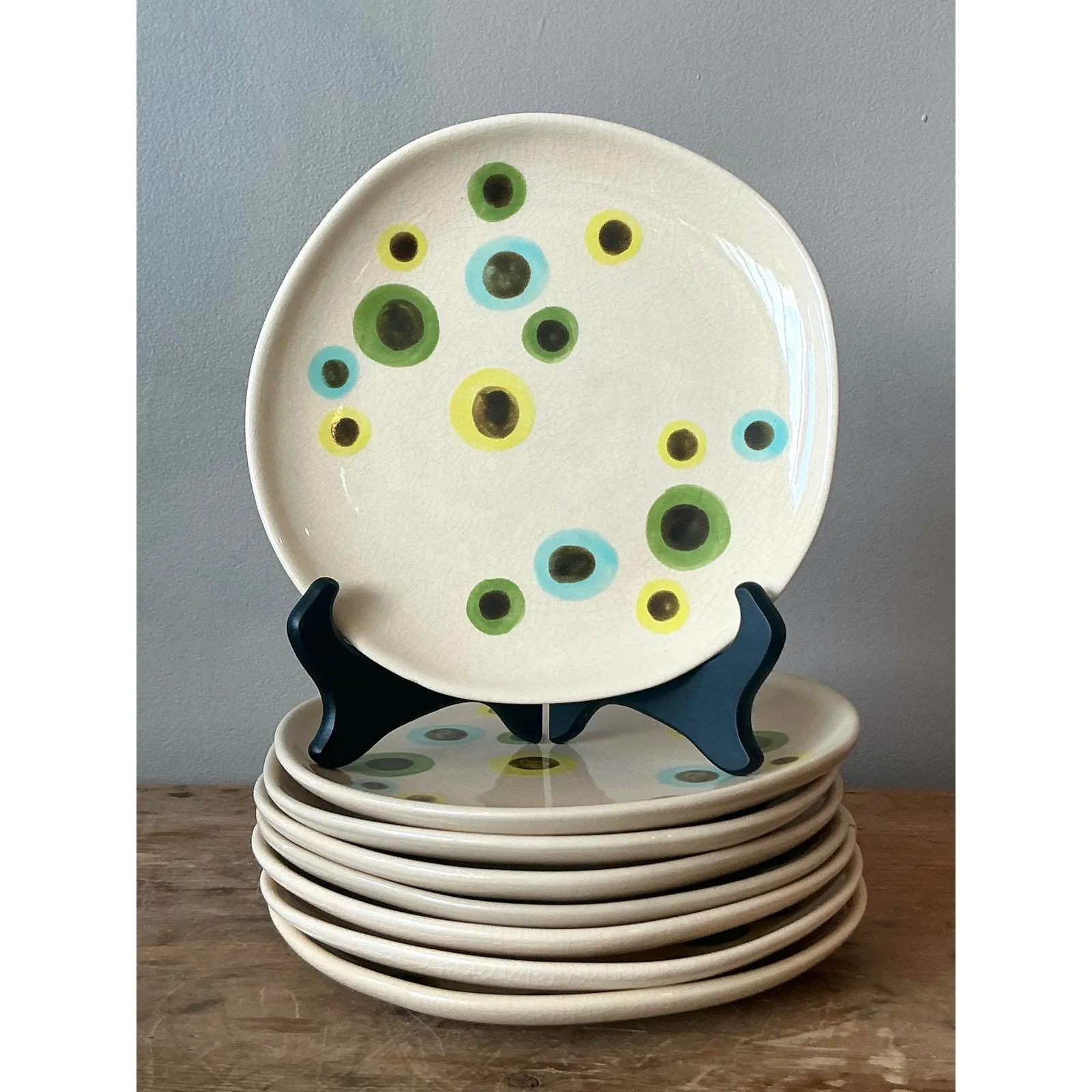 Vintage Boho Glazed Ceramic Polka Dot Plates - Set of 8 — additional photo 1