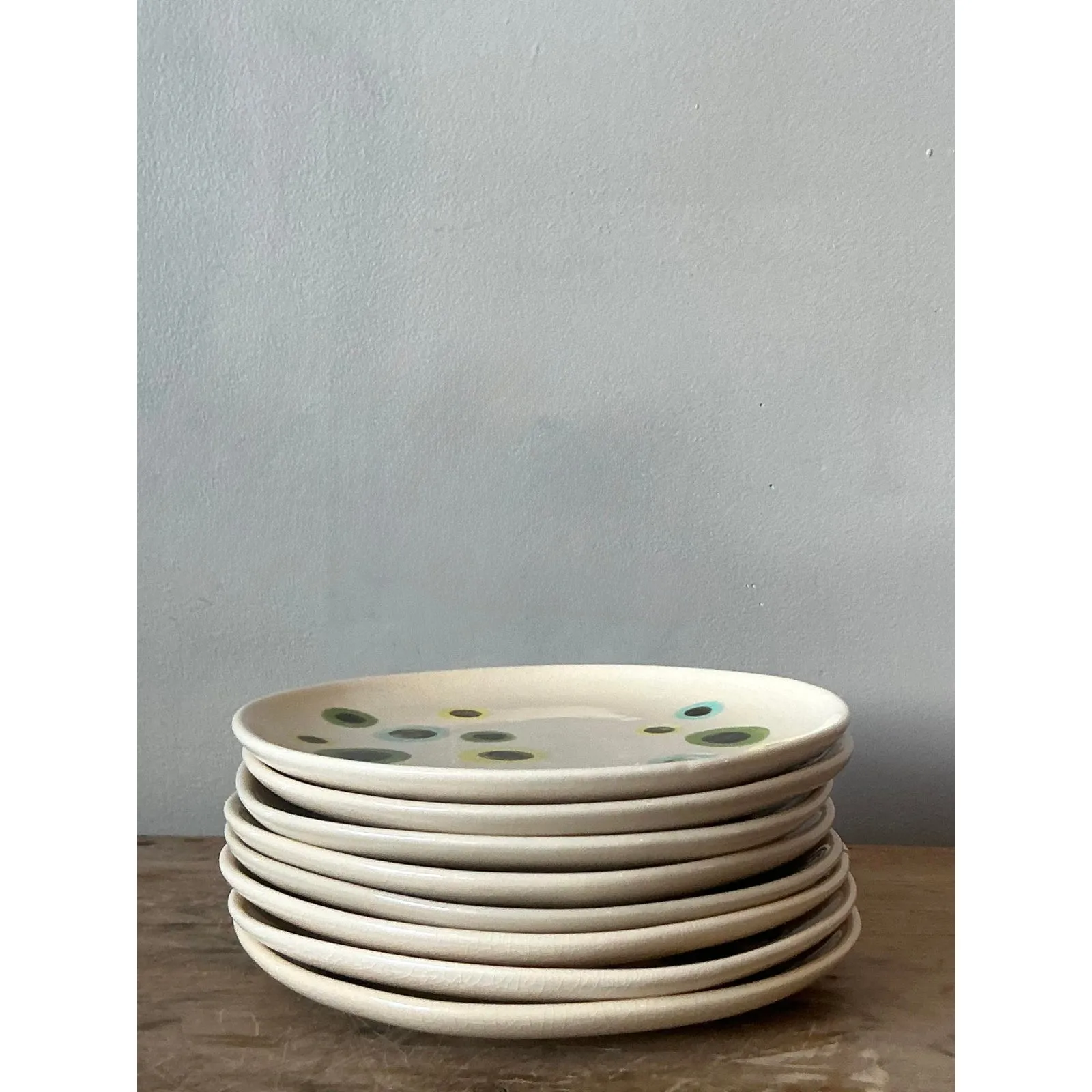 Vintage Boho Glazed Ceramic Polka Dot Plates - Set of 8 — additional photo 3