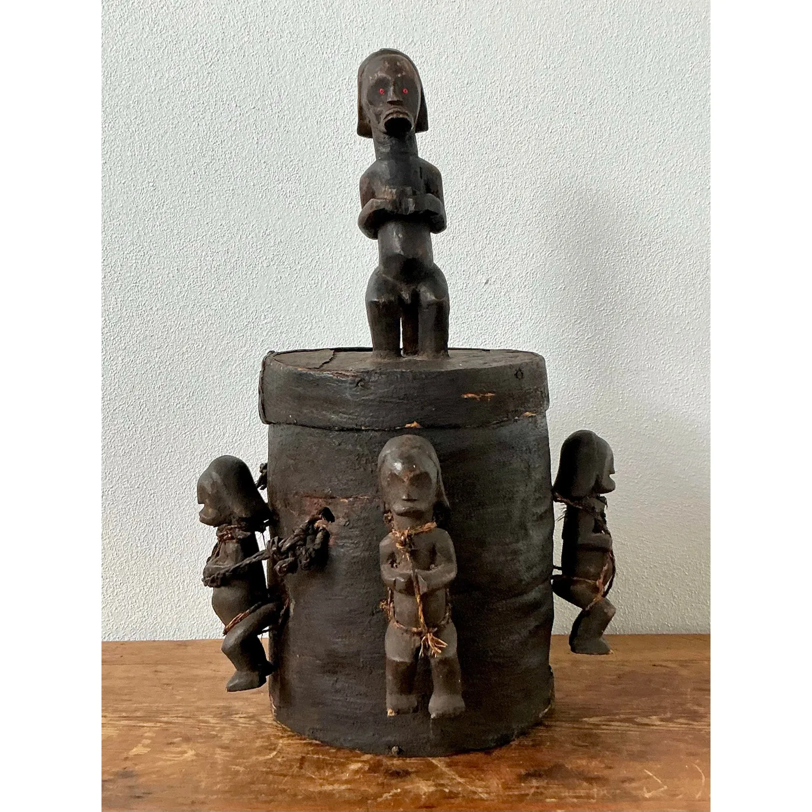 Vintage Boho Carved Figure Tribal Lidded Pot — additional photo 2
