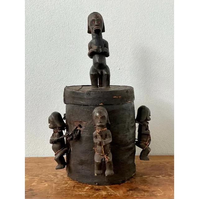 Vintage Boho Carved Figure Tribal Lidded Pot — additional photo 2