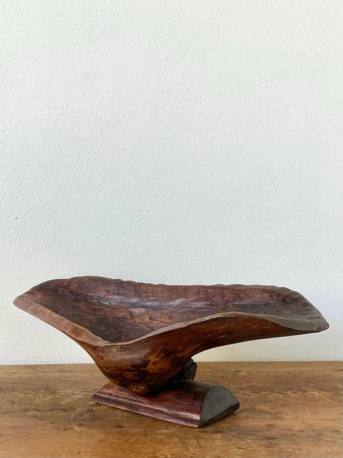Vintage Boho Carved Biomorphic Wood Bowl - Close-up view