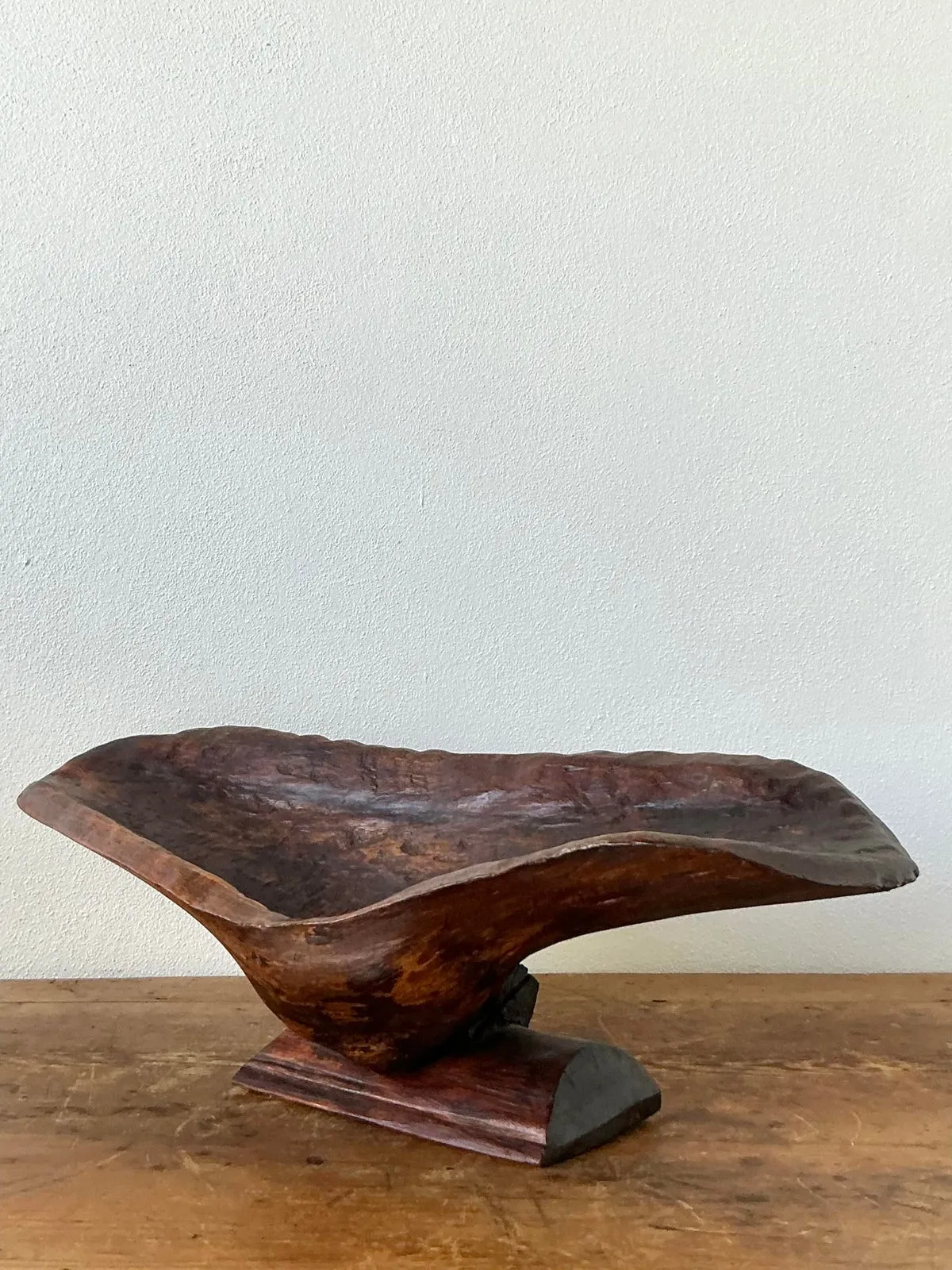 Vintage Boho Carved Biomorphic Wood Bowl - Bottom view
