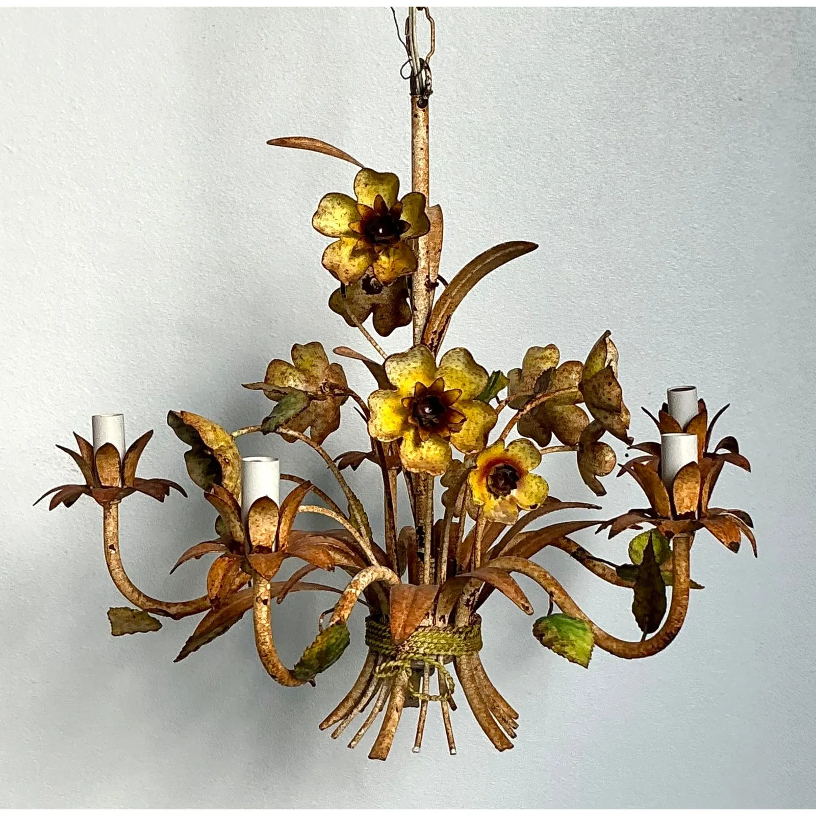 Vintage Boho Patinated Tole Chandelier