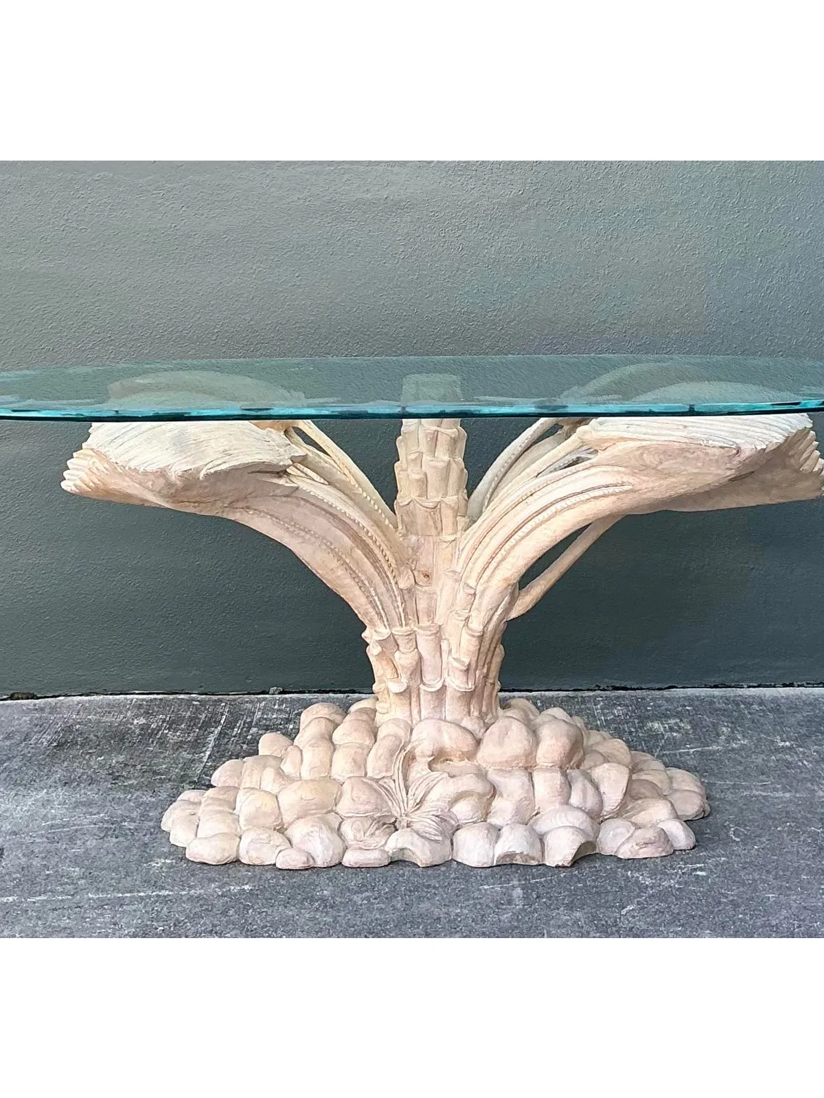 Vintage Boho Carved Palm Front Center Hall Table — additional photo 3
