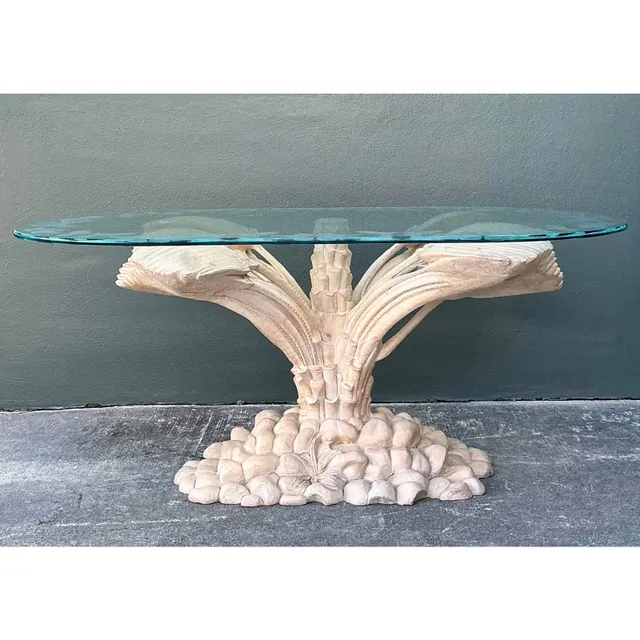 Vintage Boho Carved Palm Front Center Hall Table — additional photo 4