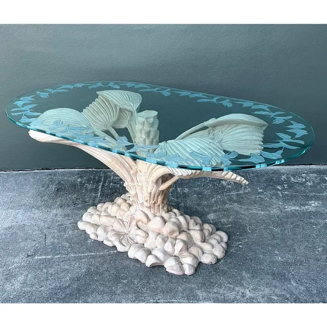 Vintage Boho Carved Palm Front Center Hall Table — additional photo 2