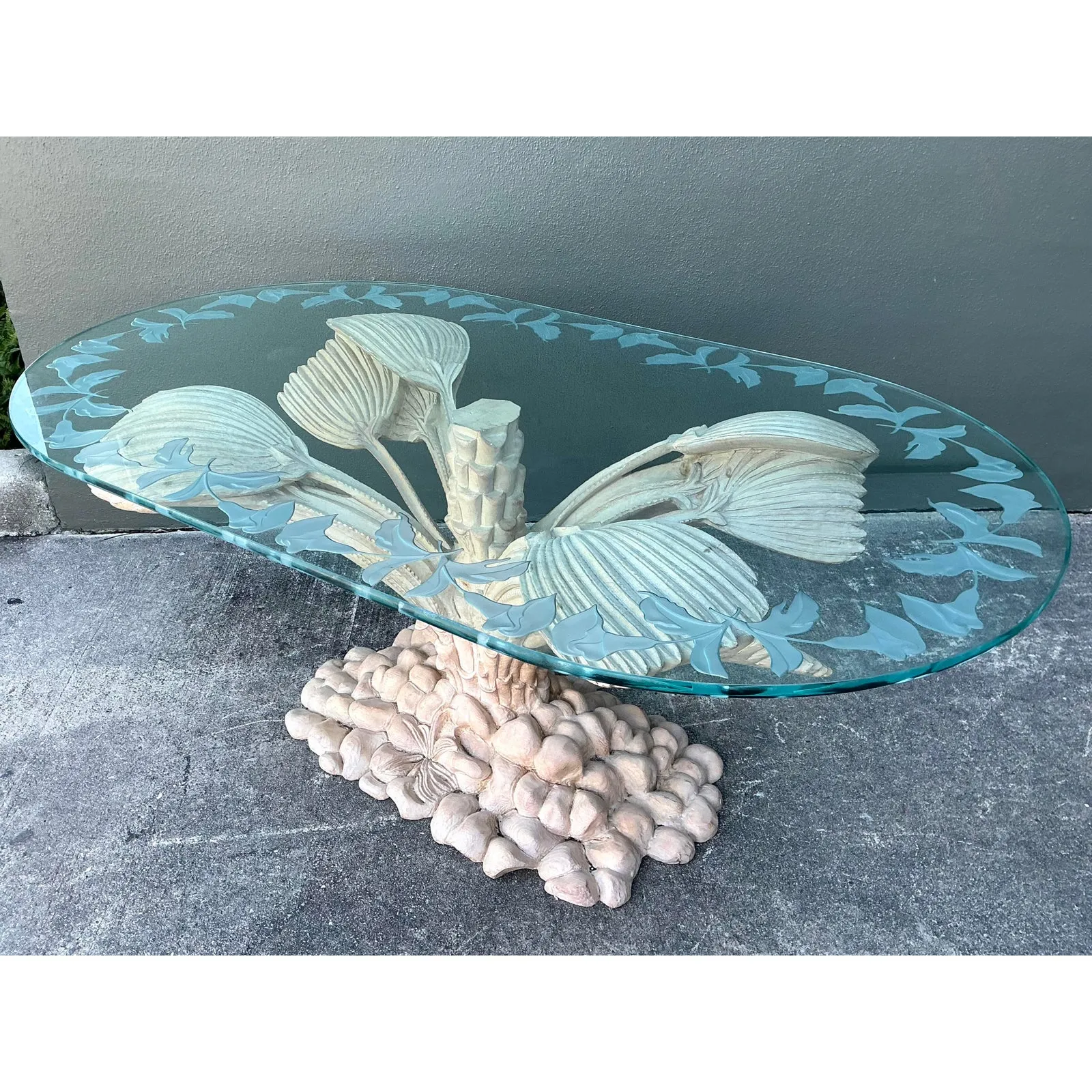 Vintage Boho Carved Palm Front Center Hall Table — additional photo 3